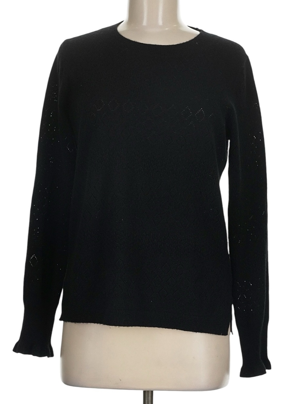 J. Crew Cashmere Crewneck Sweater with Pointelle Stitch M Black Fitted Feminine